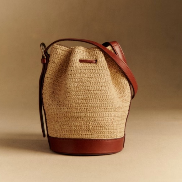Sézane Mini Farrow Raphia Bag Bucket Leather Strap Natural Beige Woven Sezane - Picture 3 of 13